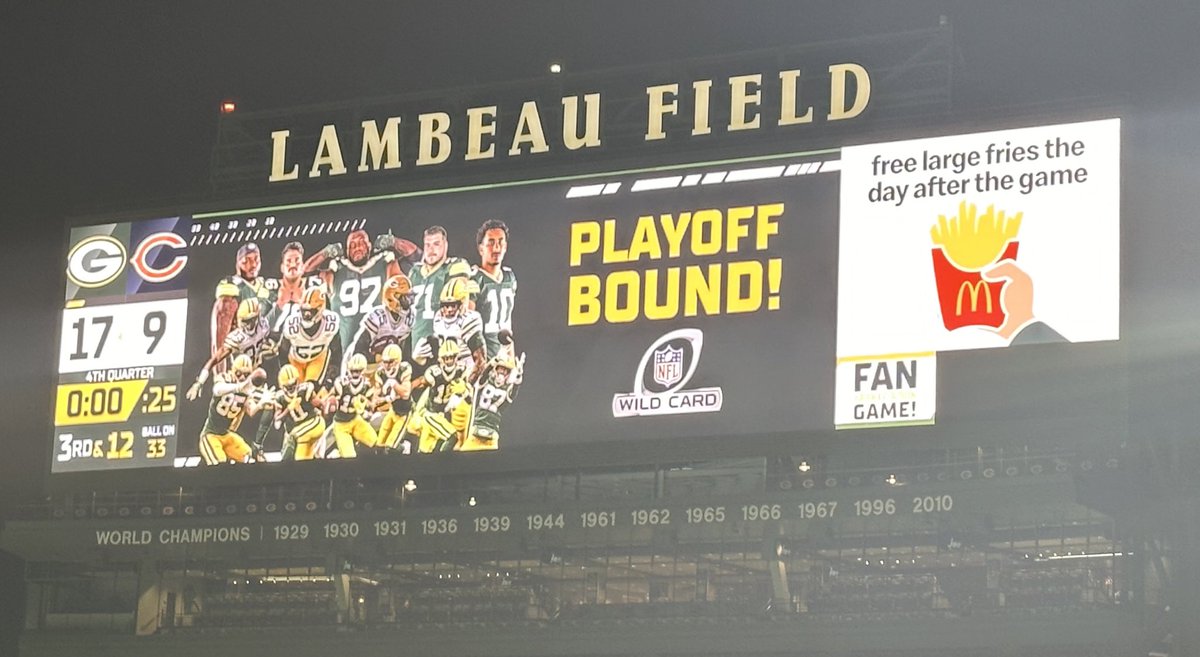 BFeldhausen's tweet photo. The @packers are Playoff Bound! Free fries @McDonalds!! https://t.co/nqExGtWyo3