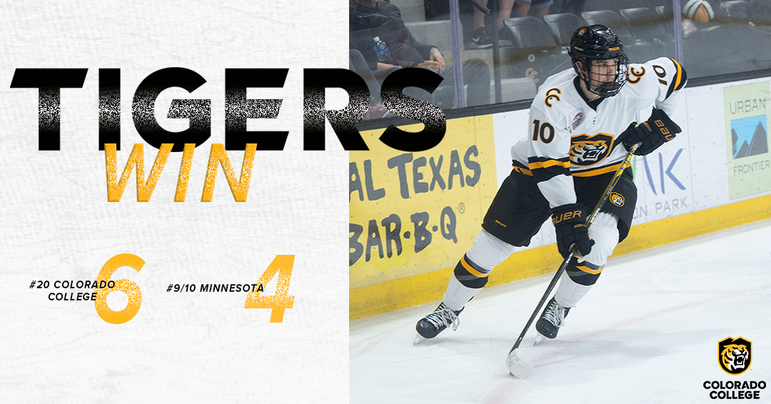 🚨🚨 TIGERS WIN 🚨🚨

Bret Link scored a career-high two goals, Logan Will had two assists and Kaidan Mbereko stopped 33 shots to lead 20th-ranked CC to a 6-4 victory over #9/10 Minnesota, giving the Tigers their third consecutive victory over a Top 10 team!!

#CCTigers