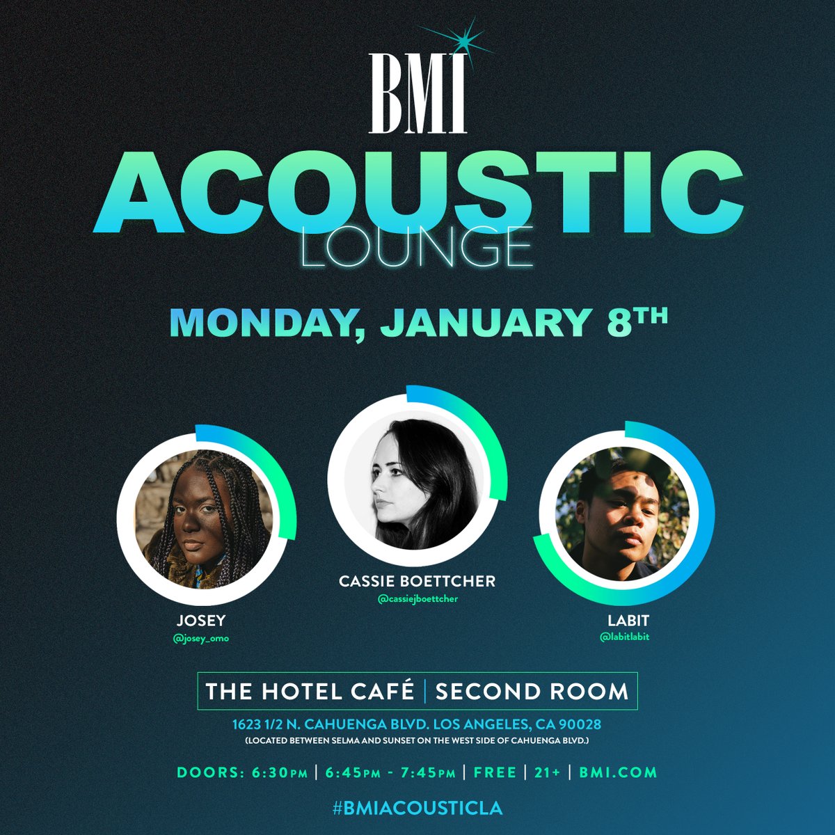 bmi's tweet image. Join us at our first Acoustic Lounge of the year at @thehotelcafe&apos;s Second Room with @josey_omo, #CassieBoettcher and #Labit! ✨💥 #BMIAcousticLA