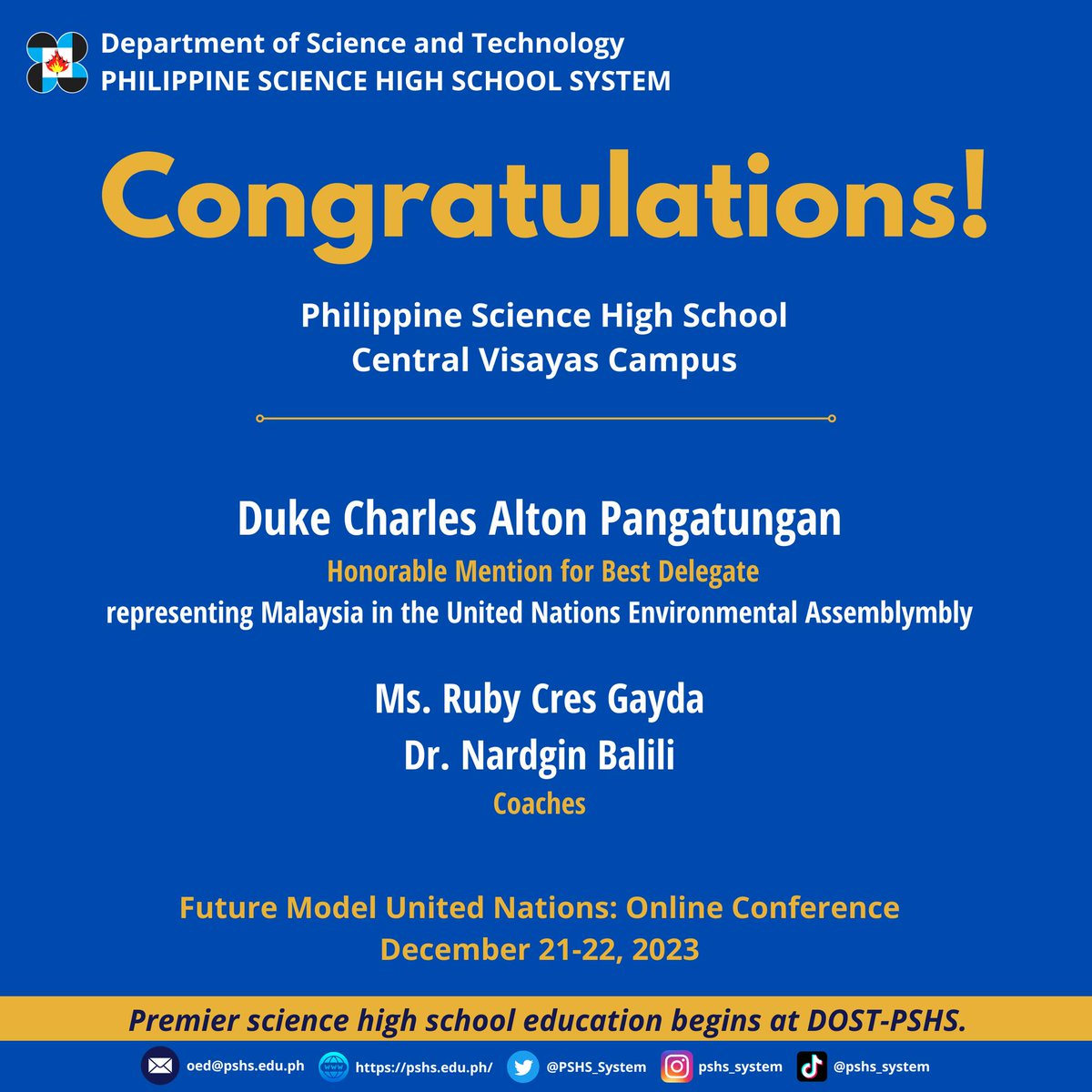 PSHS_System's tweet image. #HusayPisay
𝗚𝗥𝗘𝗔𝗧 𝗝𝗢𝗕, 𝗣𝗜𝗦𝗔𝗬-𝗖𝗘𝗕𝗨
We commend the students and the coaches of PSHS-Central Visayas Campus for winning awards in the Future Model United Nations: Online Conference December 21-22, 2023. We are proud of you!  #OneDOST4U