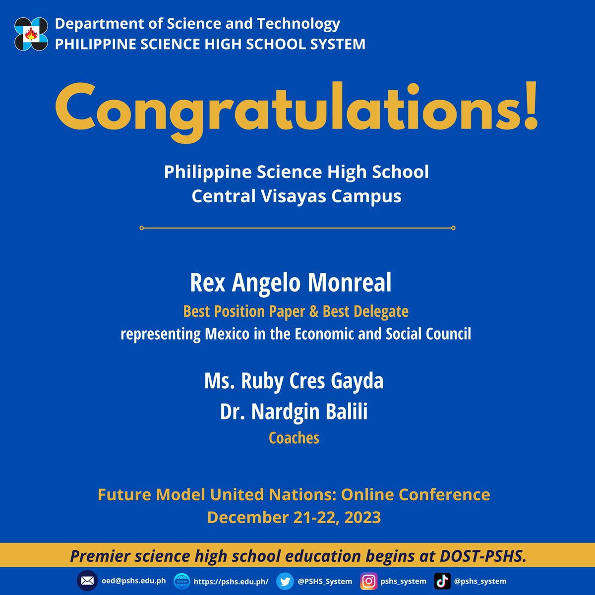 PSHS_System's tweet image. #HusayPisay
𝗚𝗥𝗘𝗔𝗧 𝗝𝗢𝗕, 𝗣𝗜𝗦𝗔𝗬-𝗖𝗘𝗕𝗨
We commend the students and the coaches of PSHS-Central Visayas Campus for winning awards in the Future Model United Nations: Online Conference December 21-22, 2023. We are proud of you!  #OneDOST4U