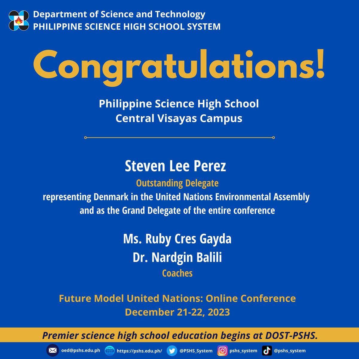 PSHS_System's tweet image. #HusayPisay
𝗚𝗥𝗘𝗔𝗧 𝗝𝗢𝗕, 𝗣𝗜𝗦𝗔𝗬-𝗖𝗘𝗕𝗨
We commend the students and the coaches of PSHS-Central Visayas Campus for winning awards in the Future Model United Nations: Online Conference December 21-22, 2023. We are proud of you!  #OneDOST4U