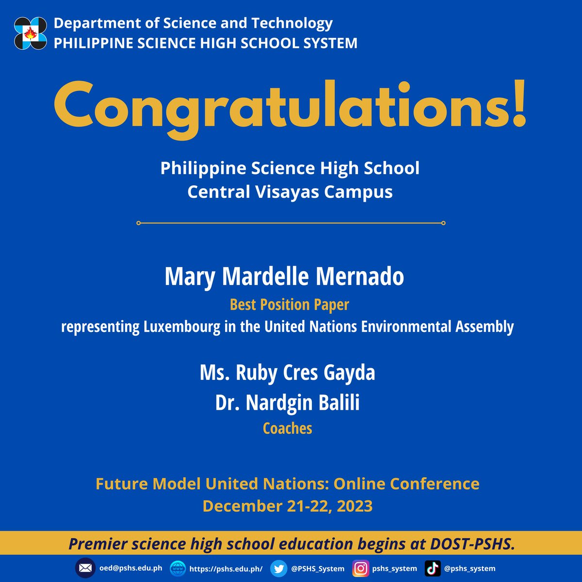 PSHS_System's tweet image. #HusayPisay
𝗚𝗥𝗘𝗔𝗧 𝗝𝗢𝗕, 𝗣𝗜𝗦𝗔𝗬-𝗖𝗘𝗕𝗨
We commend the students and the coaches of PSHS-Central Visayas Campus for winning awards in the Future Model United Nations: Online Conference December 21-22, 2023. We are proud of you!  #OneDOST4U