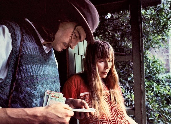 Joni Mitchell (@jonimitchell) on Twitter photo Joni and <a href="/JamesTaylor_com/">James Taylor</a> on the porch of her Lookout Mountain home in January 1971 💙
Photo by Joel Bernstein Joni and <a href="/JamesTaylor_com/">James Taylor</a> on the porch of her Lookout Mountain home in January 1971 💙
Photo by Joel Bernstein