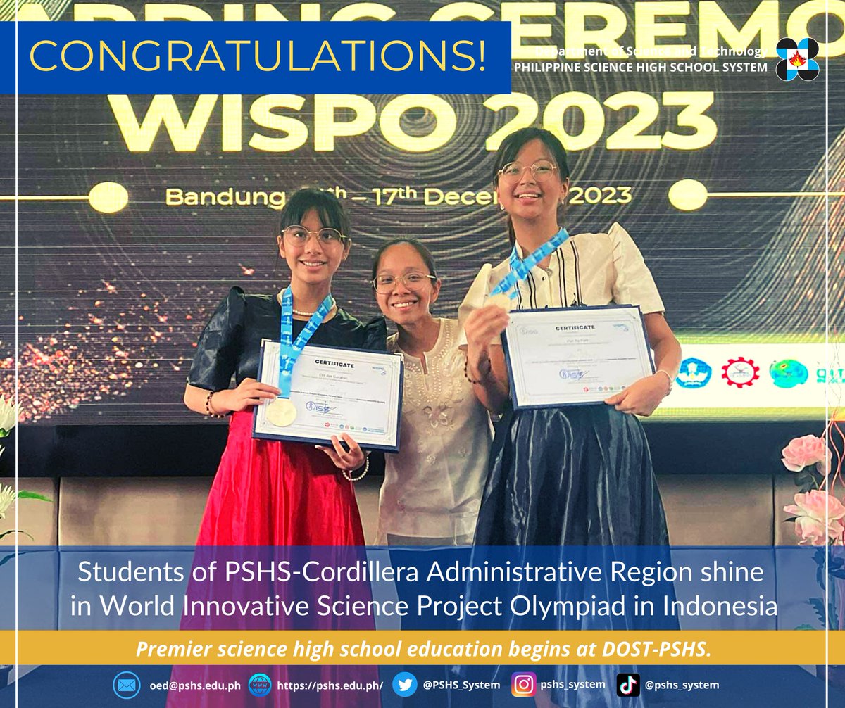 PSHS_System's tweet image. #HusayPisay
We commend 𝗛𝗮𝗻 𝗡𝗮 𝗗. 𝗣𝗮𝗿𝗸 and 𝗘𝗹𝗶𝘇 𝗝𝗮𝗲 𝗙. 𝗚𝗮𝘀𝗮𝘁𝗮𝗻 and their research coach 𝗠𝘀. 𝗙𝗿𝗮𝗻𝗰𝗲𝘀 𝗠𝗮𝗿𝗶𝗲 𝗔𝗹𝗶𝗻𝗶𝗼-𝗔𝗻𝗶𝗰𝗲𝘁𝗼 of PSHS-Cordillera Administrative Region Campus for winning a WISPO 2023 held in Indonesia. #OneDOST4U