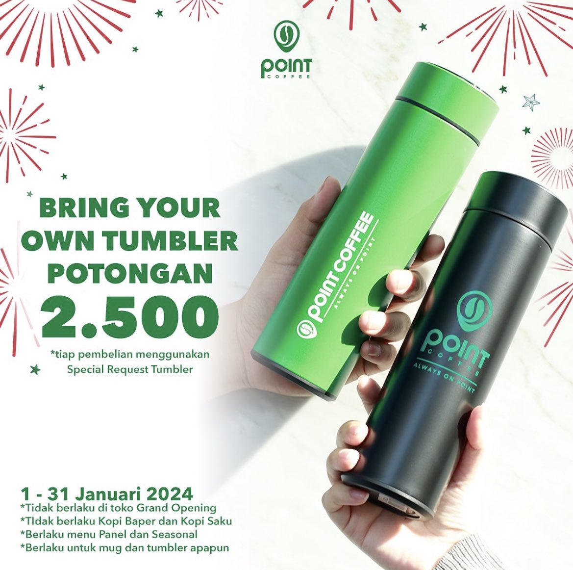 diskonanfess's tweet photo. Info promo Point Coffee
• Bawa tumbler sendiri dapat potongan Rp2.500

🗓️ 1-31 Januari 2024 https://t.co/Zrw9mnpe78