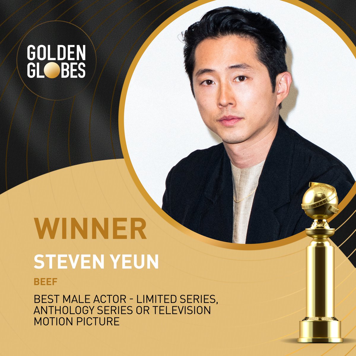 The winner of Best Male Actor – Limited Series, Anthology Series or Television Motion Picture at the #GoldenGlobes is  Steven Yeun for Beef! 🙌