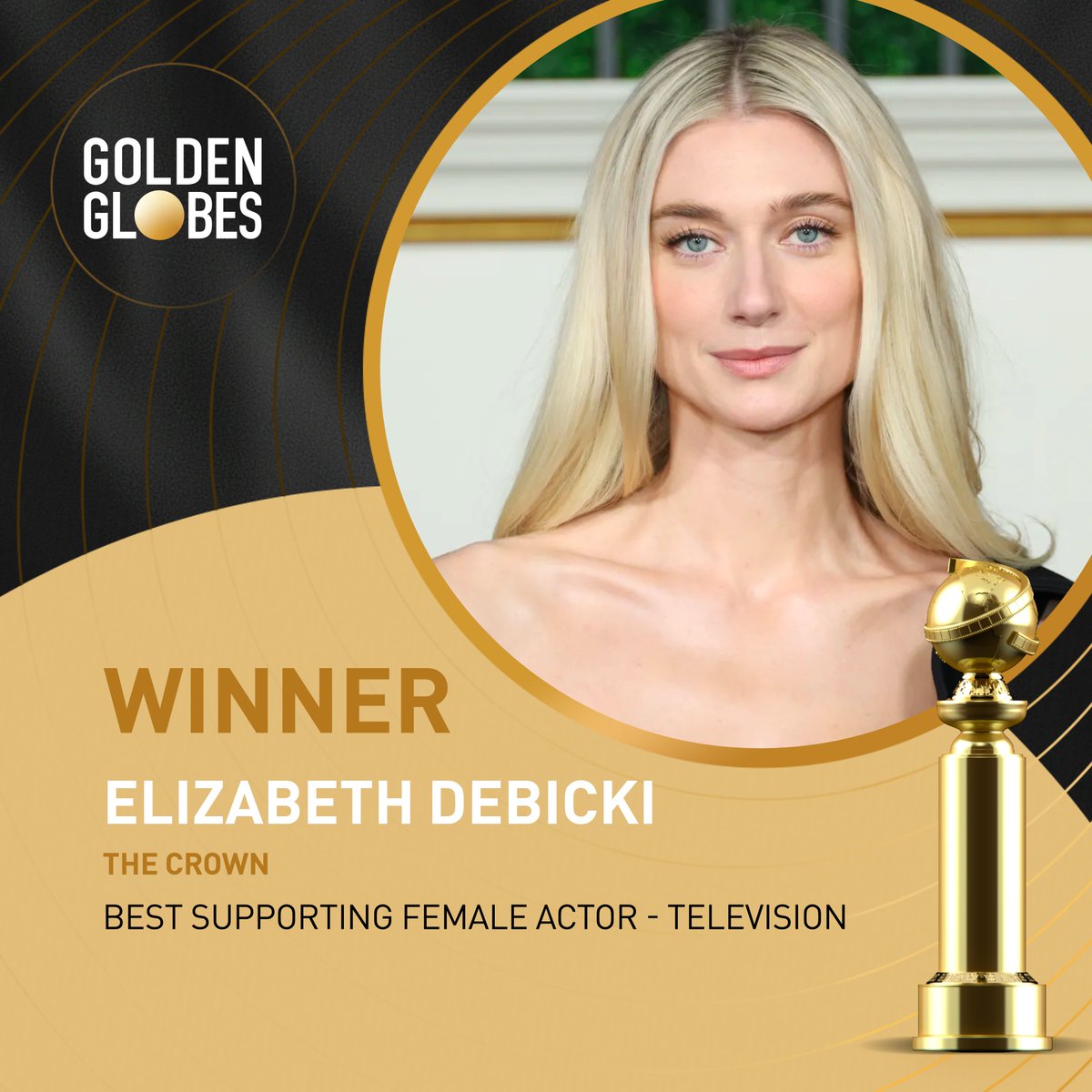 goldenglobes's tweet photo. The Golden Globe for Best Supporting Female Actor – Television goes to Elizabeth Debicki for her role in The Crown! Congratulations! 👏 #GoldenGlobes https://t.co/spT20PnDAR