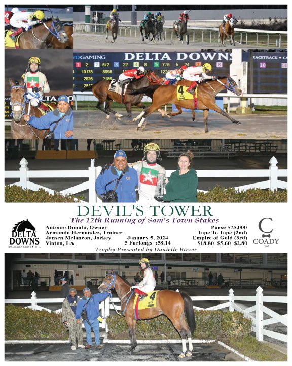 Devils Tower 
from last to first 
in the 
Sam’s Town Stakes
<a href="/La_Kid_JMel/">Jansen Melancon</a> 
<a href="/deltaracing/">Delta Downs Racing</a> 
<a href="/SpeedSilks/">Speed Silks</a> 
<a href="/FLAIRstrips/">FLAIR Strips</a> 
@CoadyPhoto 📸