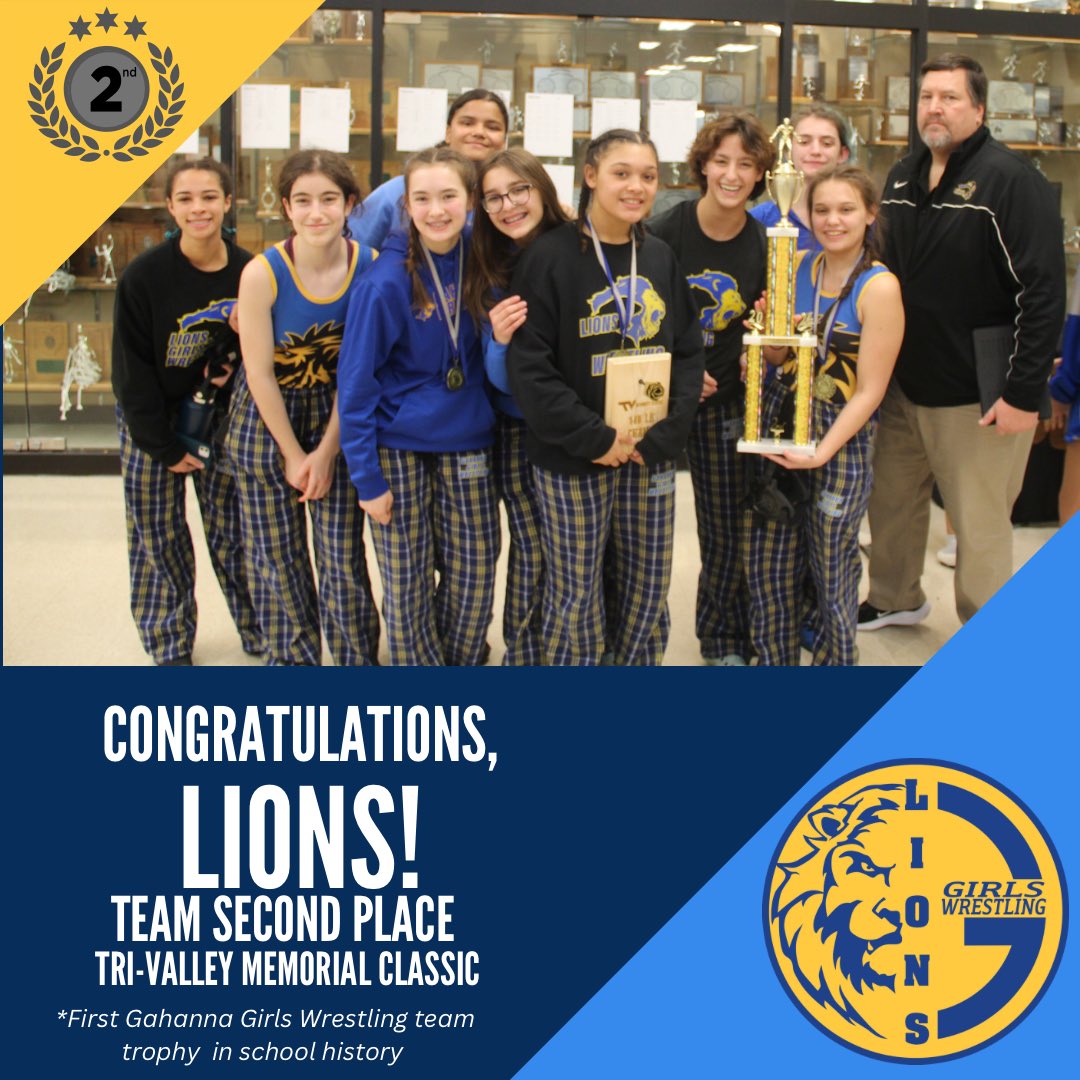 Congratulations <a href="/GLHSLions/">Gahanna Lincoln HS</a> <a href="/GLHS_Athletics/">Gahanna Lincoln Athletics</a> Girls Wrestling team earning its first ever team trophy today at Tri-Valley!  <a href="/LincolnLiveTV/">Lincoln LIVE</a> <a href="/GahannaLHSWREST/">Gahanna Wrestling</a>