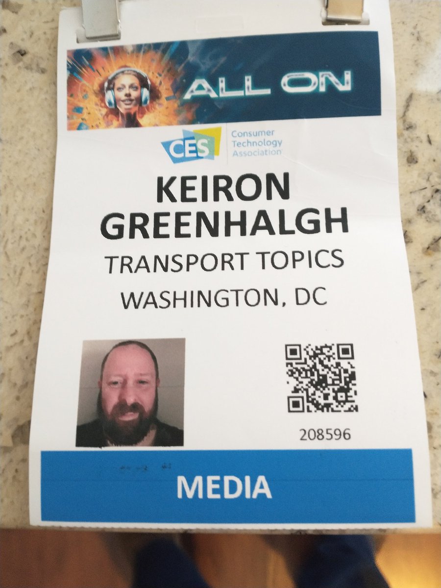 Suited, booted and badged for #CES2024 alongside my <a href="/TransportTopics/">Transport Topics</a> colleagues <a href="/ConnorInTheNews/">Connor D. Wolf</a> and <a href="/SethClevenger/">Seth Clevenger</a>.