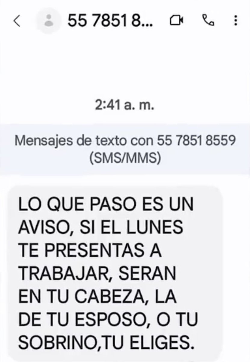 Después de balear su coche, a la diputada @LupitaBarronH le enviaron este mensaje de texto. Responsabilizamos a @lopezobrador_, @Claudiashein, @ErnestinaGodoy_ y @martibatres por cualquier cosa que le llegue a pasar a ella o a cualquier diputado de oposición en la CDMX.