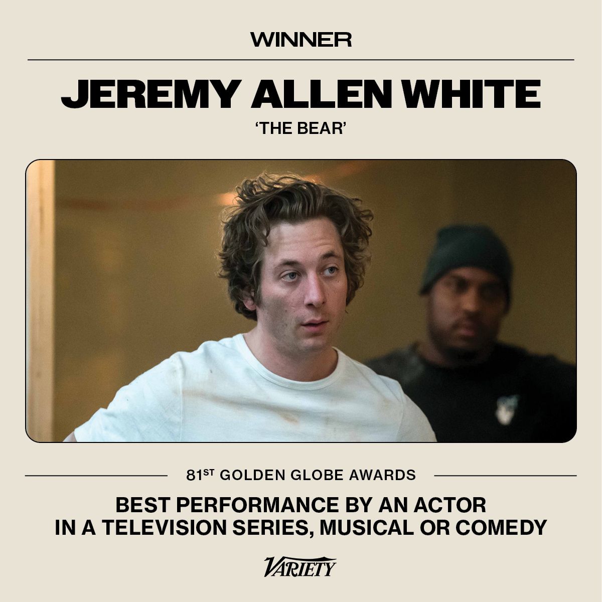 Variety's tweet photo. Jeremy Allen White wins the #GoldenGlobe for Best Actor in a Musical or Comedy TV Series. https://t.co/K18qOiK0Sj https://t.co/OevVQL3bWN