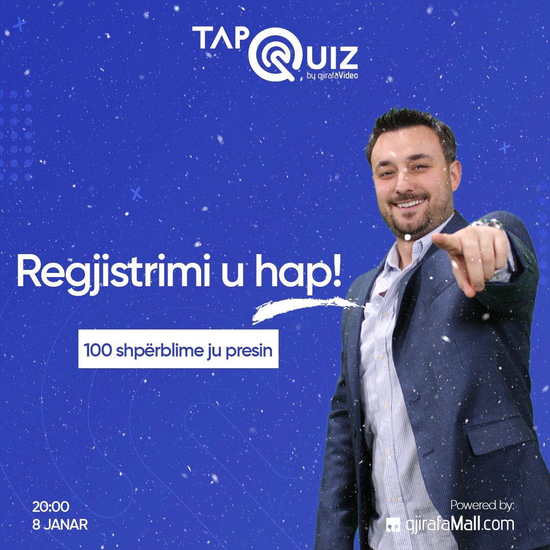 📌 Regjistrimi për episodin e katërt të TapQuiz tani është hapur 👉🏻 gj.al/tapquiz-08-01-…

ℹ️ Quizi fillon në ora 20:00

ℹ Pyetjet kanë të bëjnë me njohuri të përgjithshme