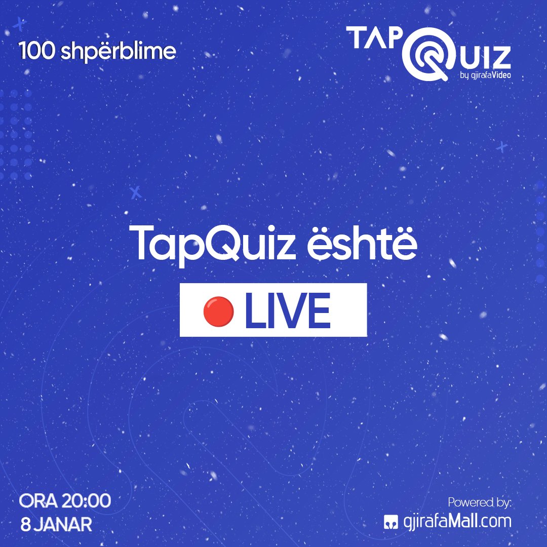 🔥 Edhe shumë pak minuta...

📍 Regjistrohu tani për të fituar një nga 100 shpërblimet 👉🏻 gj.al/tapquiz-08-01-…

❗️Pyetjet e quizit kanë të bëjnë me njohuri të përgjithshme