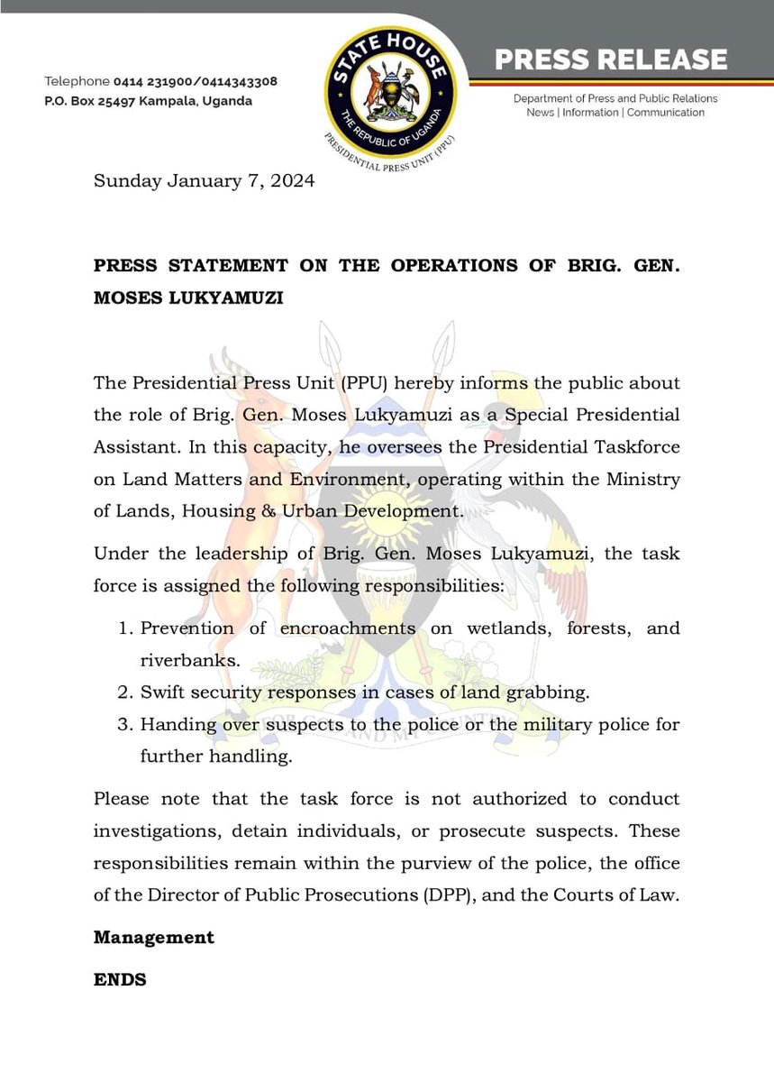MwineHon's tweet photo. @MwineHon
State House has clarified on the role of the Presidential Task Force on Land Matters and Environment  headed by Brig. Moses Lukyamuzi. https://t.co/Pw6ZBsMvwo