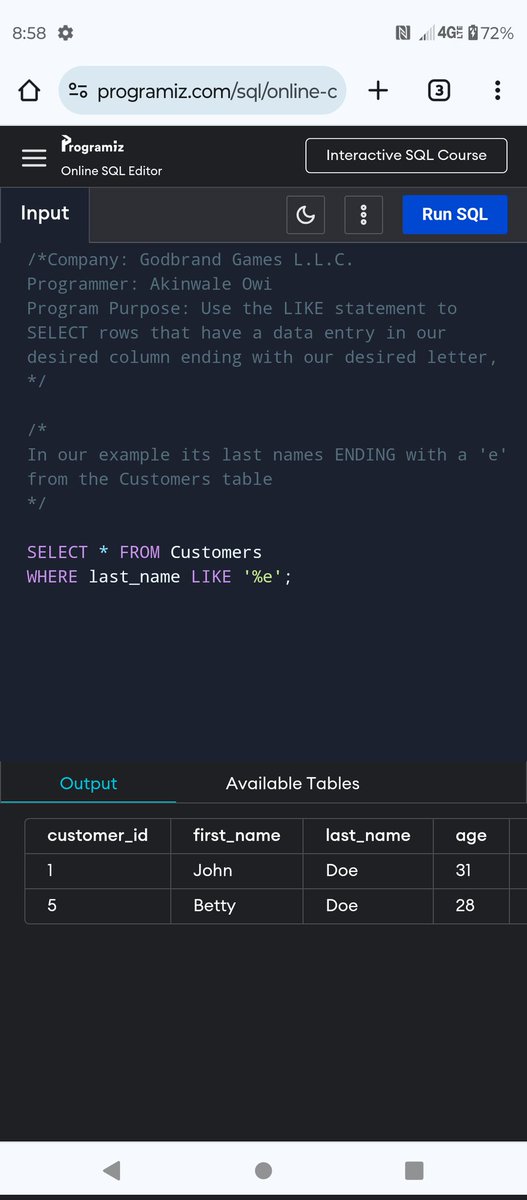 Greene_Gaming's tweet image. SQL: SELECT LIKE this time to find data ending with our desired letter from the column and table of our choice
...
#sqlskills #sqldeveloper #sql