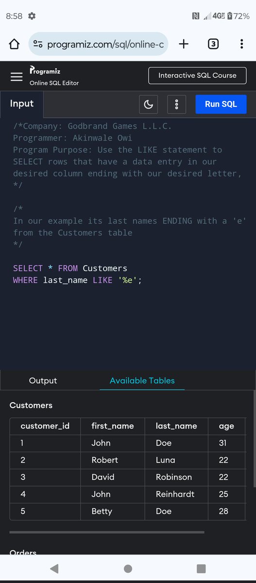 Greene_Gaming's tweet image. SQL: SELECT LIKE this time to find data ending with our desired letter from the column and table of our choice
...
#sqlskills #sqldeveloper #sql