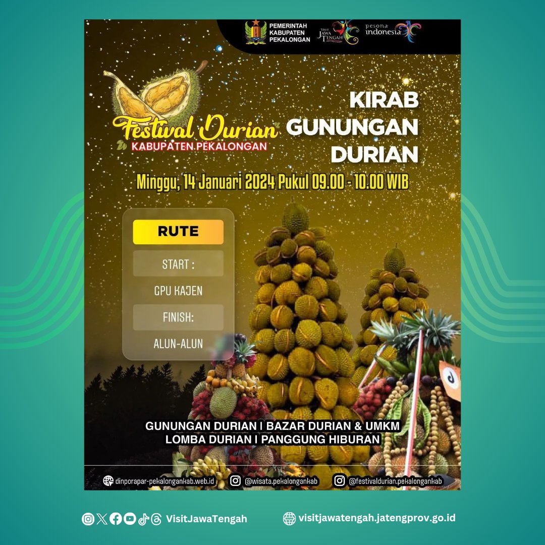 Hai, #SobatWisata.
Jangan lewatkan Festival Durian Kabupaten Pekalongan pada Minggu (14/1/2024) bertempat di Alun-alun Kajen.

~