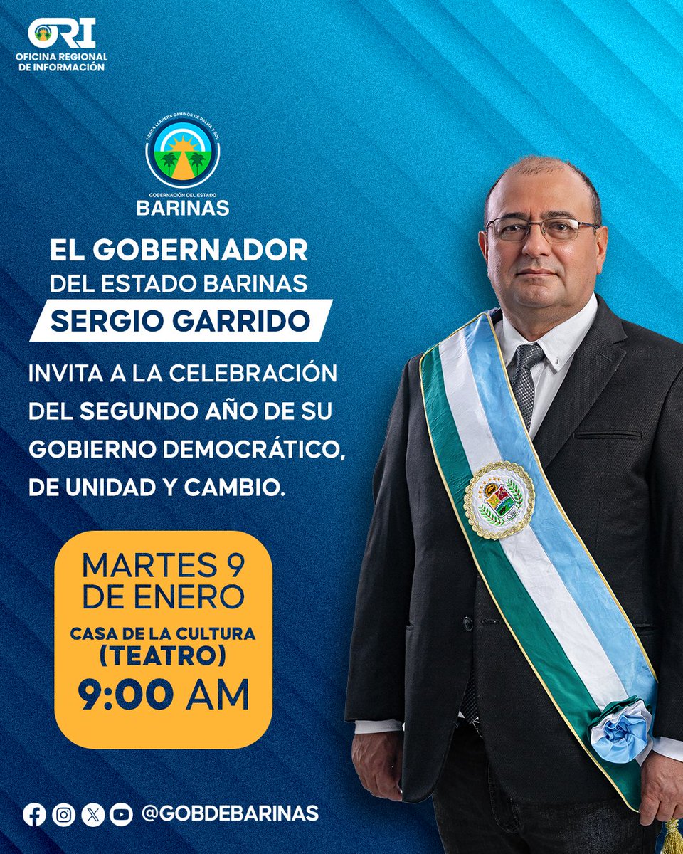 Se parte de la celebración del segundo año de gobierno Democrático, de Unidad y Cambio del gobernador <a href="/SergioGarridoQ/">Sergio Garrido</a>

Dos años de la gran victoria de los barineses. 

Fecha: Martes 09 de enero
Lugar: Teatro de la Casa de la Cultura
Hora: 9am

#SíHayFuturo #Barinas