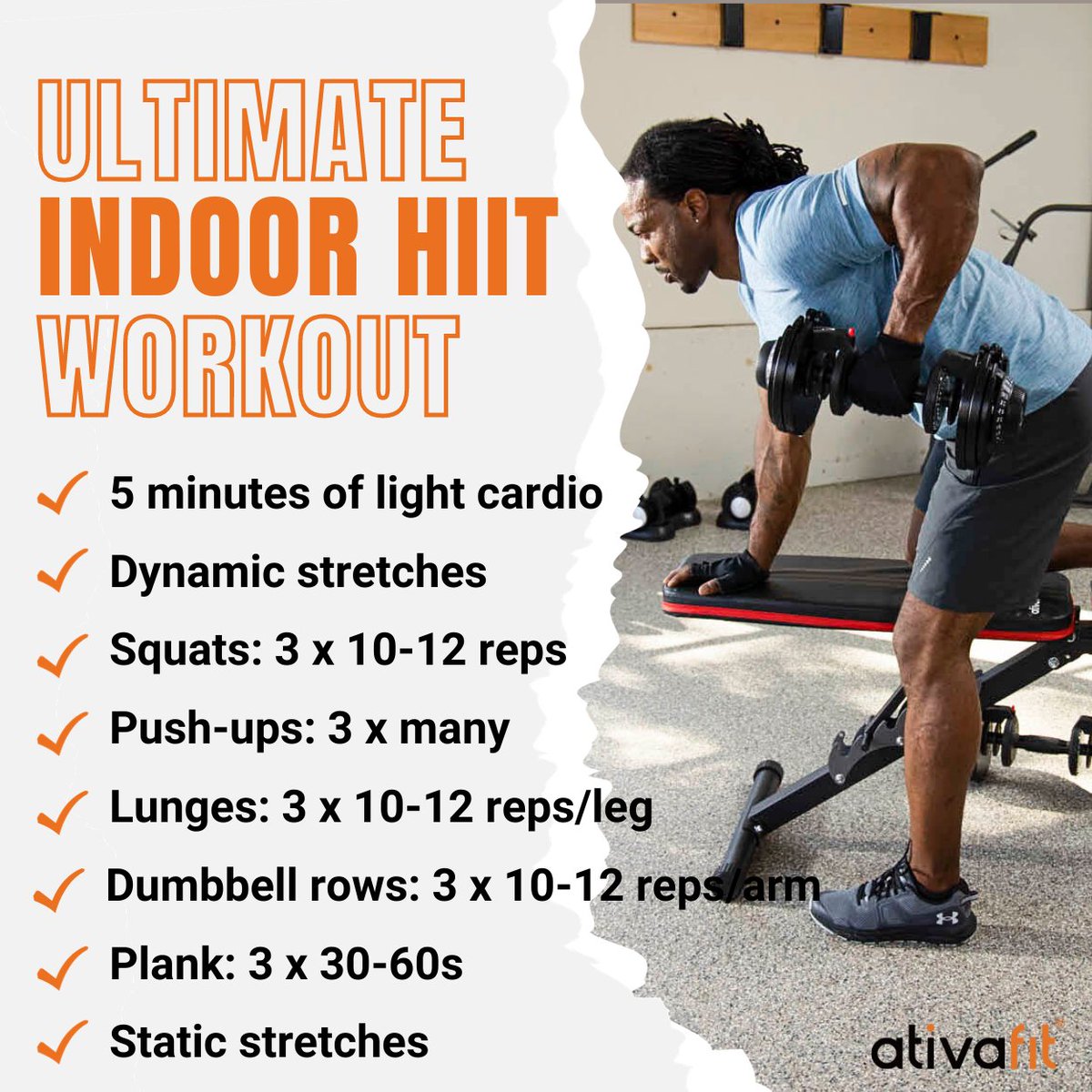 Ativafit1's tweet photo. You can get fit without having to set foot in a gym.

Ativafit's Ultimate Indoor HIIT Workout is designed to be done anywhere, anytime. Check out this awesome home workout routine with you! 🔥

#hiitathome #fitness #workout #dumbbellworkout
#ativafit https://t.co/I35rn3A34B