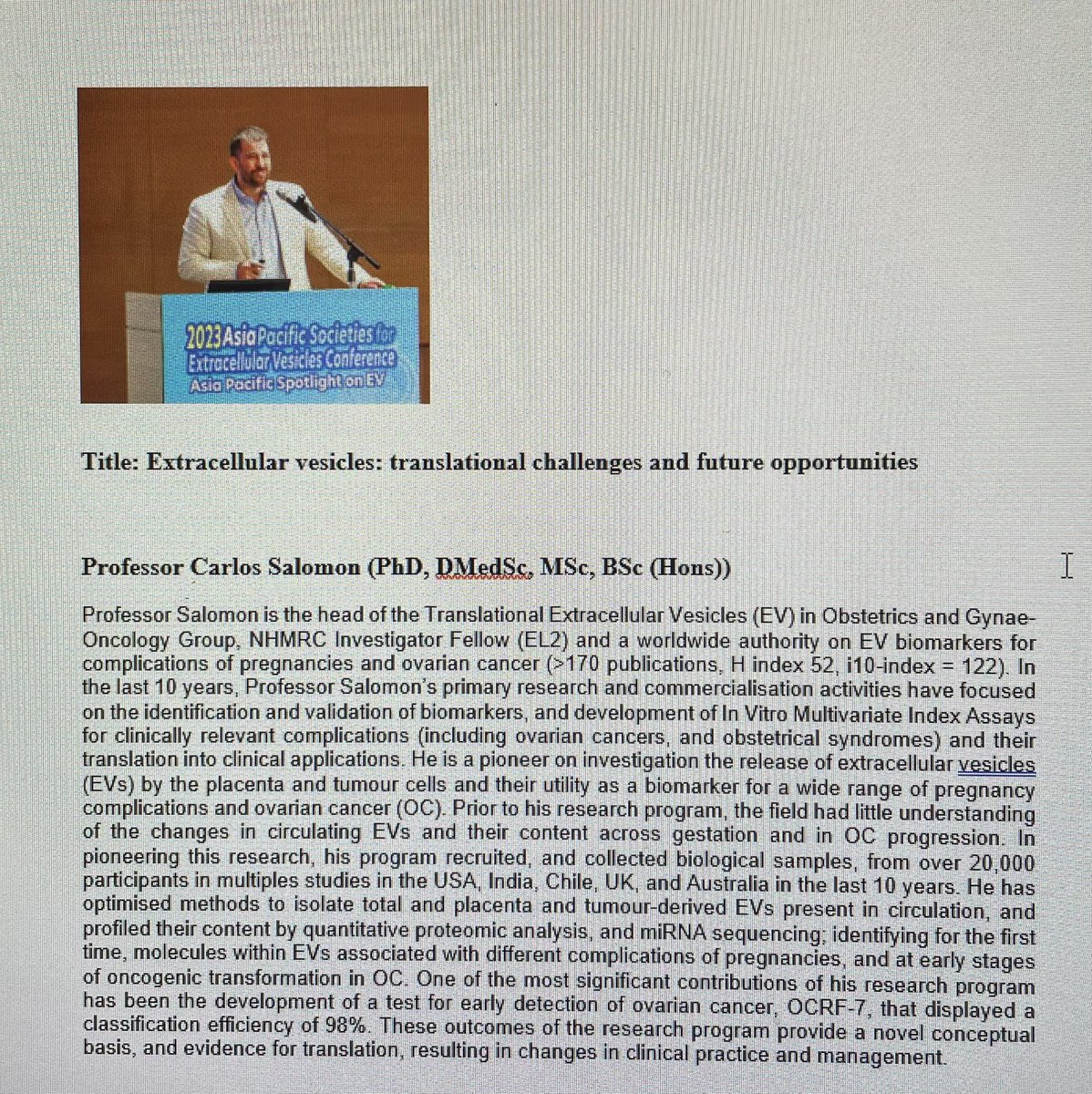 Excited to welcome <a href="/cfsalomo/">Carlos Salomon</a> to <a href="/UTS_Science/">UTS Science</a> <a href="/UTS_Sci_IBMD/">UTS_Science IBMD</a> to deliver the seminar on ‘Extracellular vesicles: translational challenges and future opportunities’. Looking forward to this talk to kick off 2024 in style 👇
