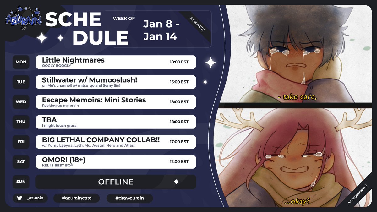 _azurain's tweet photo. ☔️SCHEDULE 1/8 - 1/14🗓️
OOoOOOOoooo pretty packed week! 👀✨
- Stillwater on @mumooslushy's channel!
- BIG MODDED Lethal Company COLLAB!! 🫦🦉🐻🪷🐰⚡️⭐️
☔️General: #Azurain
🎨Art: #Drawzurain
🔵Live: #Azuraincast
#VTuber #ENVTuber #VTuberUprising https://t.co/f0PxLBHJJm