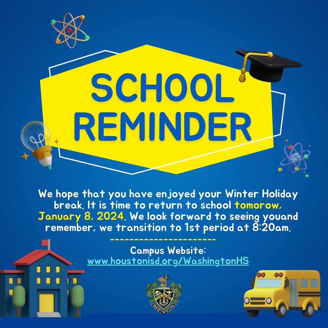 Good evening, this is a reminder that we will be starting school tomorrow and will begin our 2nd semester classes. Let’s start the New Year by arriving to school on time. Our campus opens at 6:30am and transition to the first class begins at 8:20am. See you tomorrow! 😉💙💛