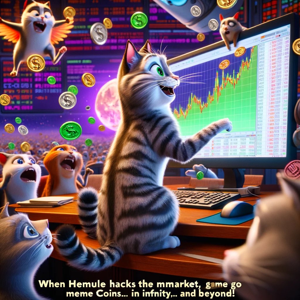 $Hemule got the market on a string, and he’s pulling it to the moon! 🚀😺 #MemeMarketMadness #HackerCat #ToInfinityAndBeyond