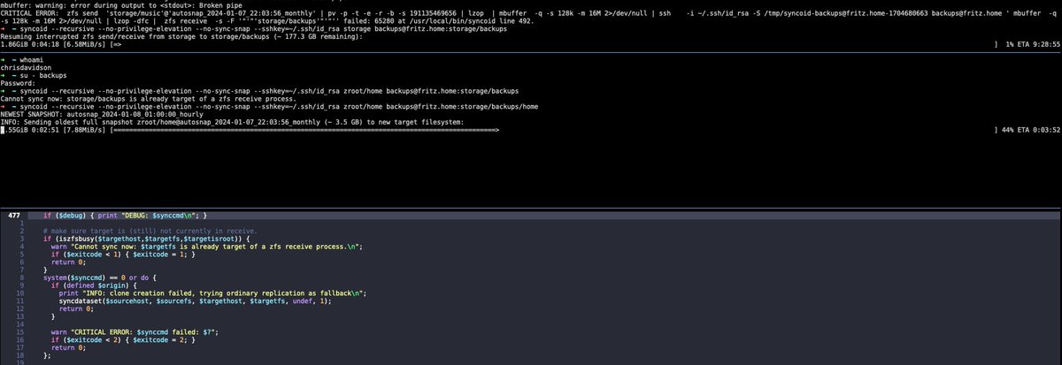 psu_chris's tweet image. i do have to say that the sanoid backup solution and syncoid is real nice.. sure as heck beats zfs send | zfs recv and the perl code actually is readable.. i didn&apos;t think that was possible.. #freebsd #openzfs