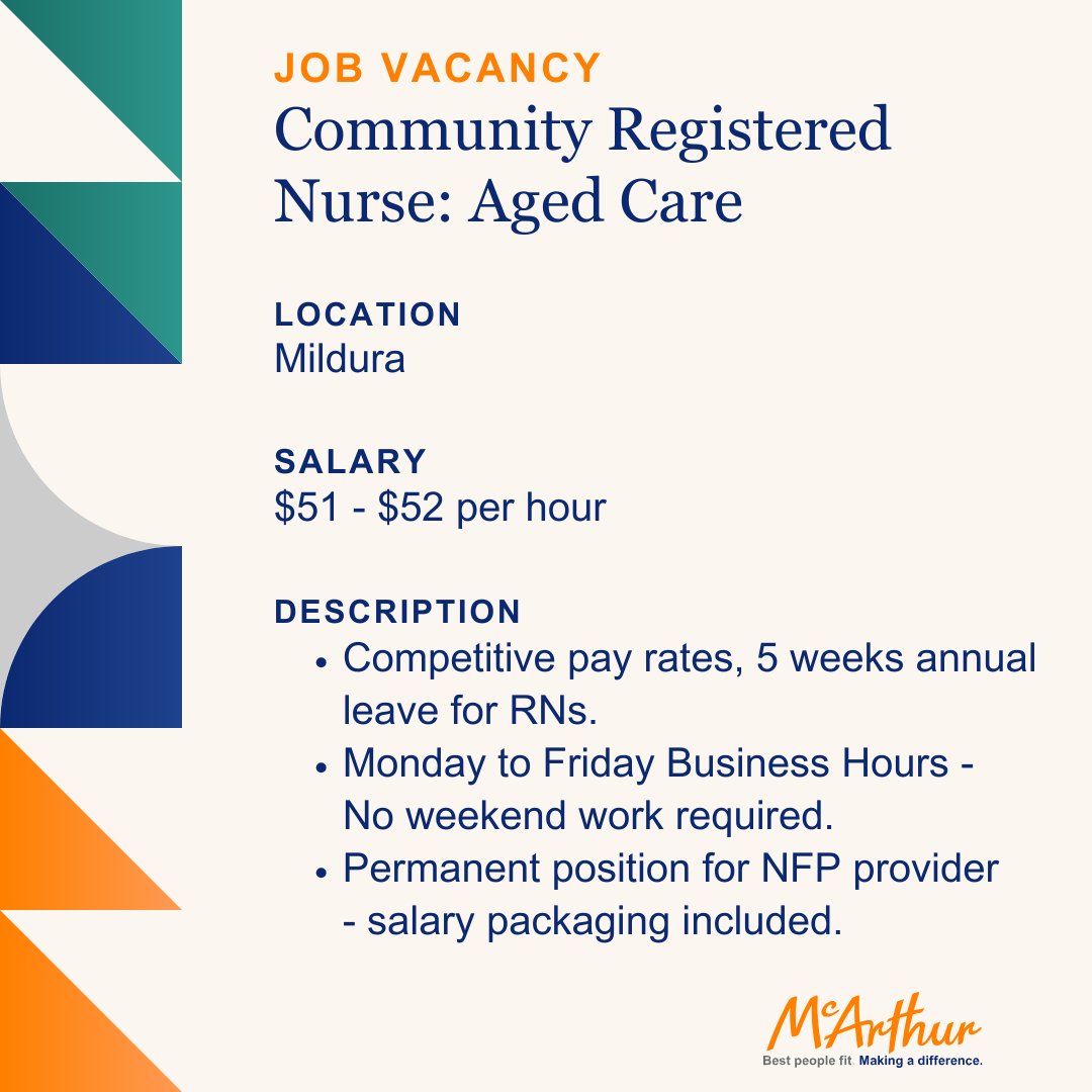 We are looking for a Registered Community Nurse to support the Aged Care community in Mildura.

APPLY NOW through the link below or call Phoebe on 03 9828 6565 for a confidential discussion.
mcarthur.com.au/jobs/details/c…

#opportunity #agedcarejobs #nursingjobs #victoriajobs