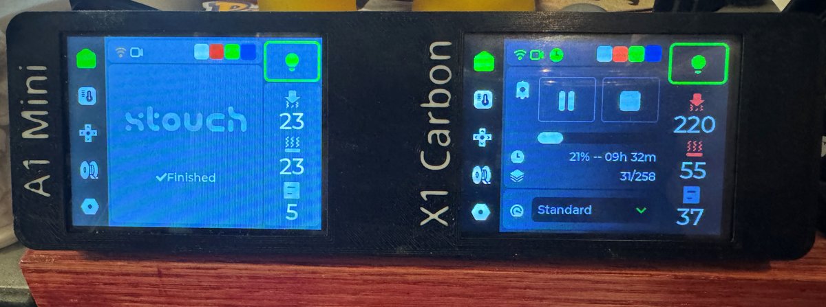 reprinted3D's tweet photo. I use the #xTouch as a remote monitor for my @BambulabGlobal #A1Mini and #X1Carbon/#X1C printers. There are desktop stands made for them, but I wanted one that would hold two screens in one unit, so I remixed one and have posted the files to #MakerWorld (my first upload there). https://t.co/88c7bDS7vm
