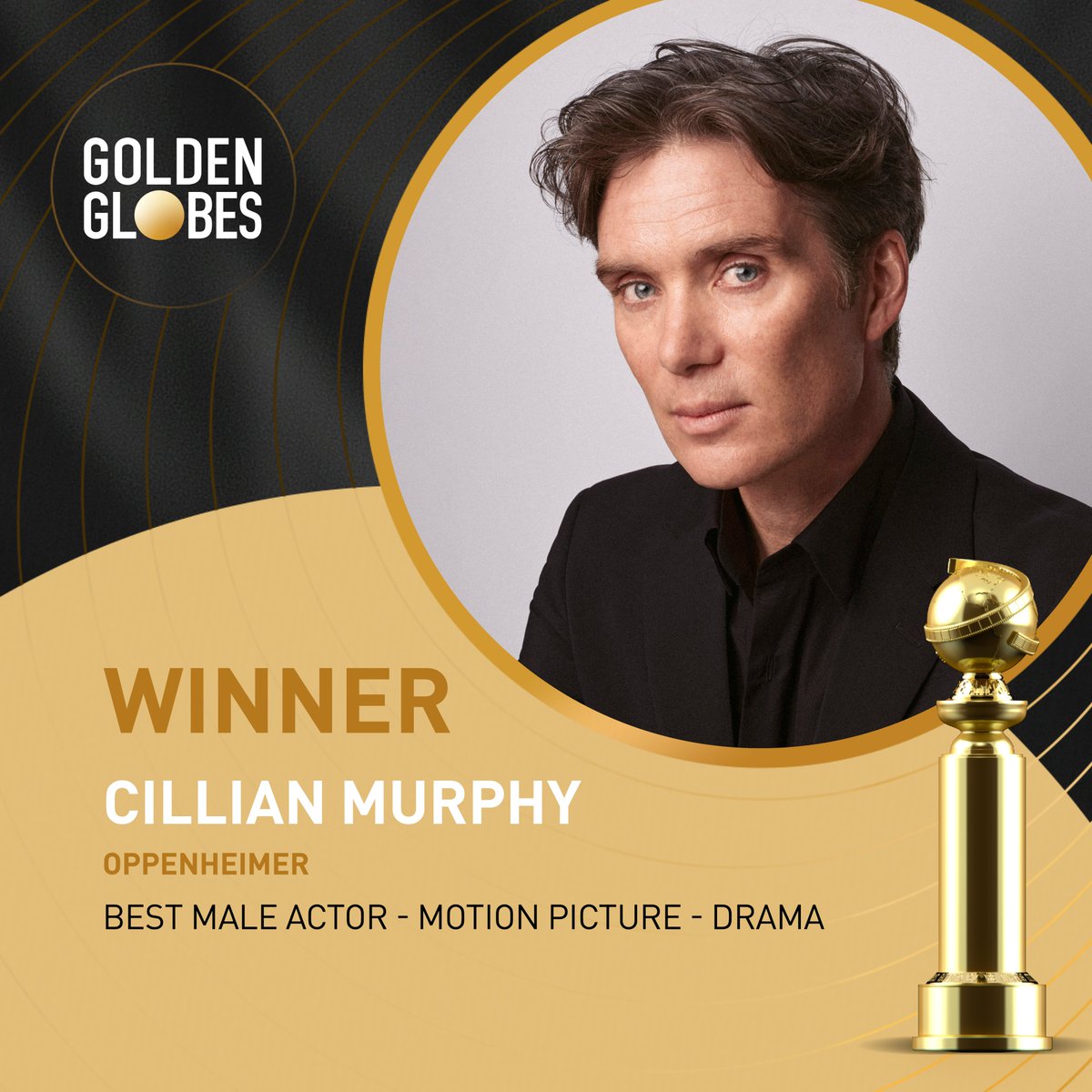 Congratulations to Cillian Murphy in Oppenheimer on your 🙌 WIN 🙌 for Best Male Actor – Motion Picture – Drama! #GoldenGlobes