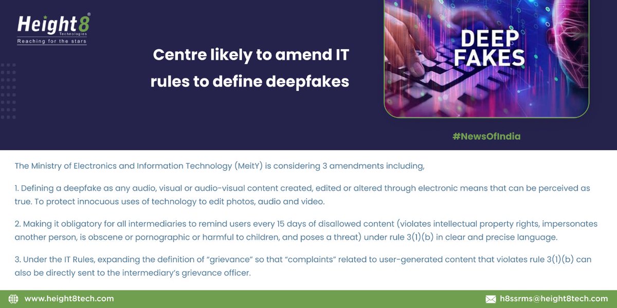 Centre likely to amend IT rules to define deepfakes.

Follow us for more such news.

#newsofindia #India #deepfakes #centre #News #H8 #height8 #height8tech #telecoms