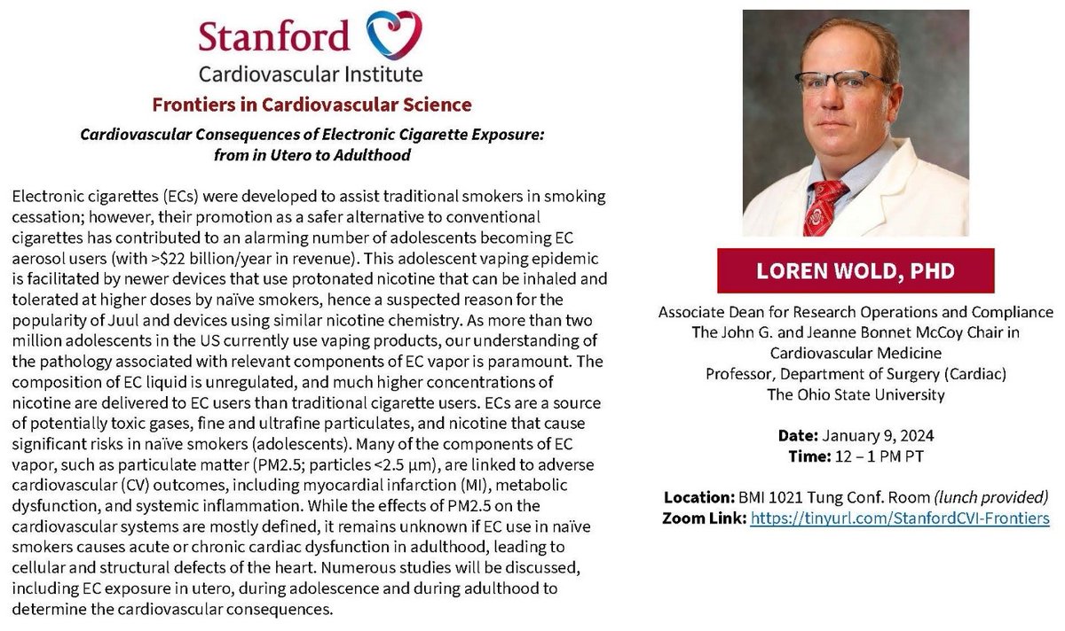 Please join @StanfordCVI Tue 1/9 at 12-1pm PST by @woldloren @OhioStateSurg @OhioStateDHLRI speak on #cardiovascular & #pregnancy effects of #ecigarettes. tinyurl.com/StanfordCVI-Fr… @StanfordDeptMed @Stanford_ChEMH @SeanM_Wu @AHAScience @BCVSearlyCareer @StanfordBioX @SCLC_UCSF