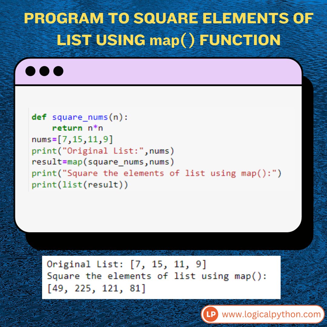LogicalPythonH's tweet image. Program to find SQAURE of elements in a LIST using map()
.
Beginners SAVE IT🔖✍️💻