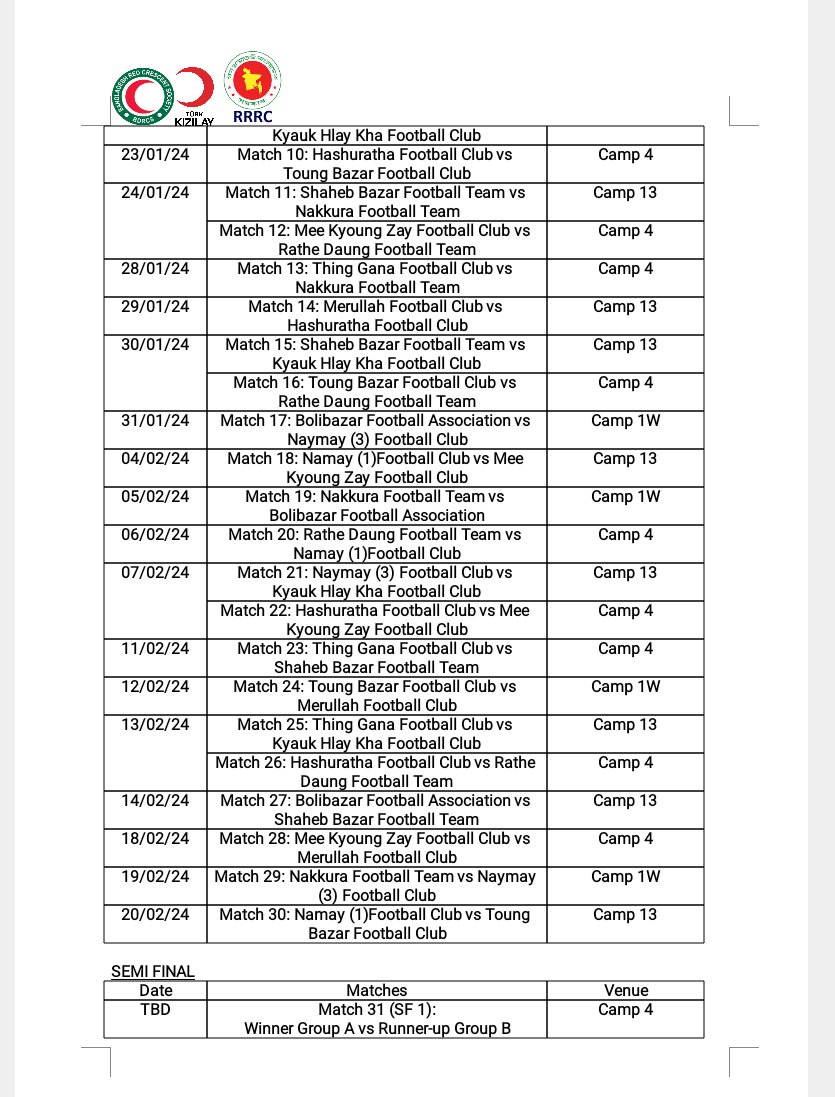 RoMujif's tweet photo. Exciting times ahead in the Rohingya Football League 23/24! 🏆⚽️ Check out the attached pictures for the upcoming matches. Sending all the best vibes to our Shabe Bazaar team—let's bring that trophy home! #RohingyaFootball #ShabeBazaar #TrophyHome https://t.co/mTwcVYfIMv