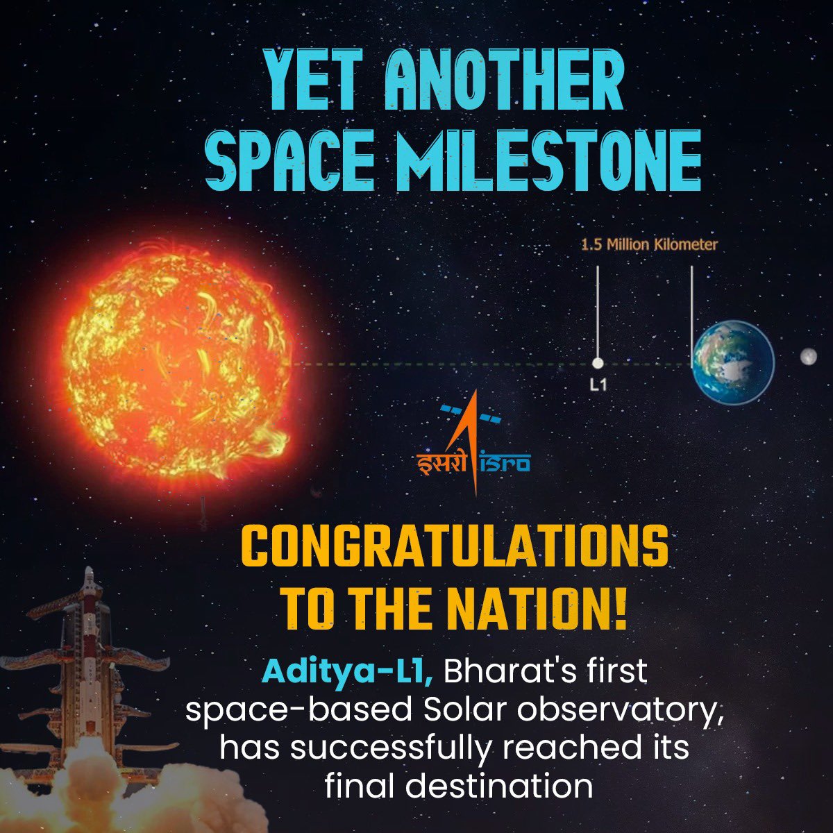 A Proud Bharatiyan! Witnessing ISRO's Aditya-L1 reach its orbit fills me with immense joy and proud of our great scientists. Thank you, ISRO, for inspiring a generation! #ISRO #adity