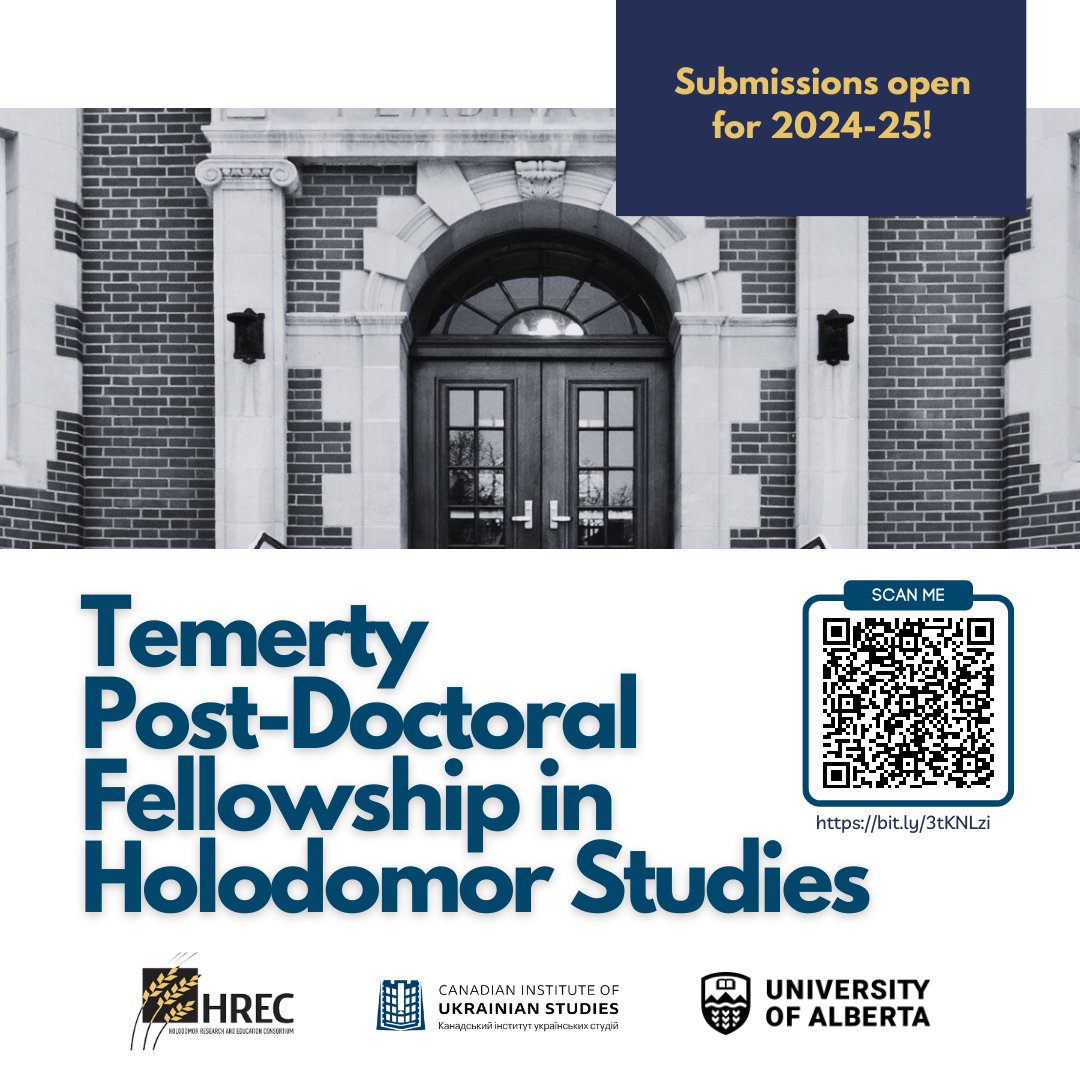 If you're a scholar expanding knowledge about the Holodomor, have received your PhD in the last 5 years, &amp; are interested in conducting research, then check this out! 

Temerty Post-Doctoral Fellowship. Deadline: 1 Feb 2024. 

Scan QR code, or visit bit.ly/3tKNLzi
