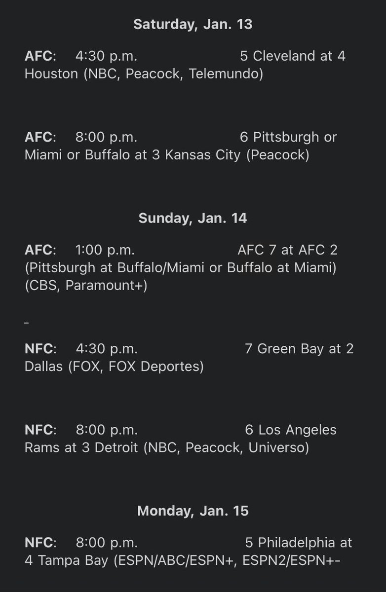 AdamSchefter's tweet photo. Full wild-card weekend schedule: https://t.co/v1MWr0v4OI