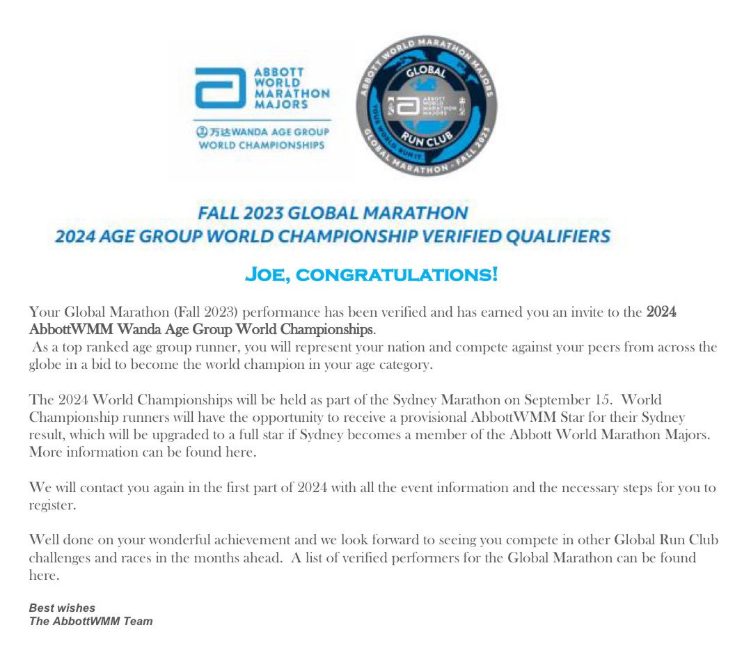 Joe N. Lance (@joenlance) on Twitter photo I’m truly honored to have earned this achievement: 
My performance has been verified and has earned me an invite to the 2024 AbbottWMM Wanda Age Group World Championships.
<a href="/ml13ml/">Michael Lord</a> see you soon… I’m truly honored to have earned this achievement: 
My performance has been verified and has earned me an invite to the 2024 AbbottWMM Wanda Age Group World Championships.
<a href="/ml13ml/">Michael Lord</a> see you soon…