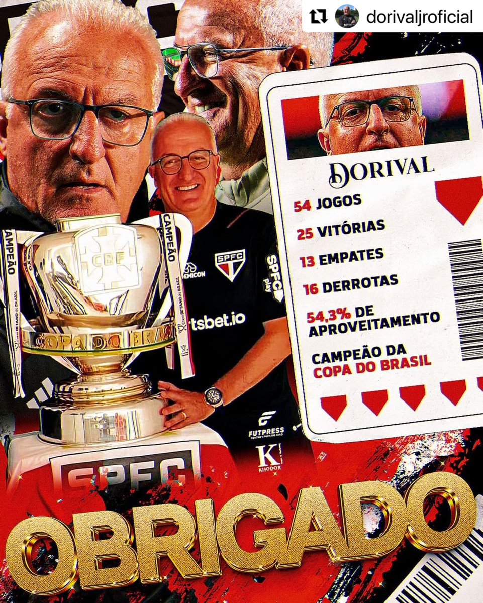 Obrigado, <a href="/SaoPauloFC/">São Paulo FC</a>. Dorival Júnior se despede do Tricolor com uma certeza: Missão cumprida! ✅