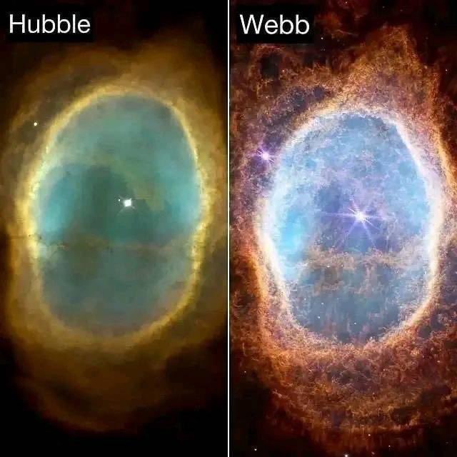 Porównanie obrazu mgławicy Pierścień Południowy (NGC 3132) wykonanego przez teleskopy Hubble'a i Jamesa Webba. Mgławica znajduje się w konstelacji Żagla w odległości około 2000 lat świetlnych od Ziemi i rozciąga na obszarze 0,4 roku świetlnego.