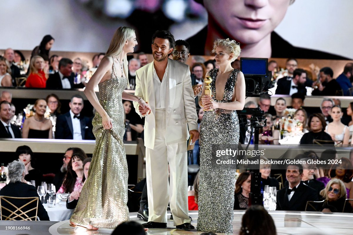 Jonathan Bailey with Julia Garner and Elizabeth Debicki at the #GoldenGlobes