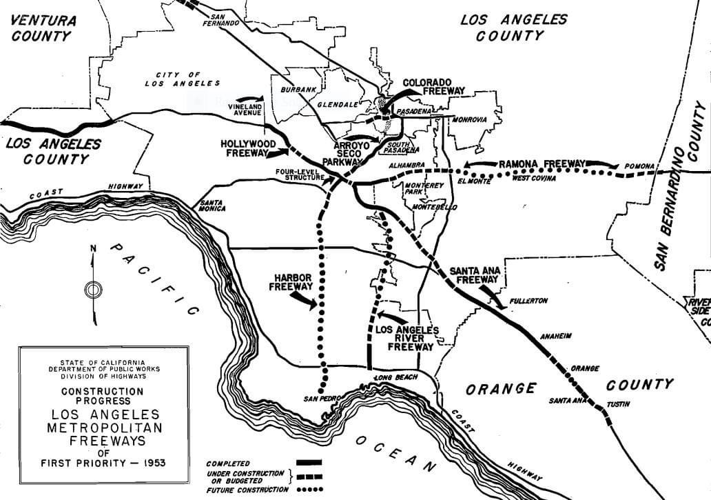 AnaheimHistory's tweet image. Map from 70 years ago showing the planned freeway system. #Anaheim #anaheimcalifornia #anaheimhistory #freeway #History
