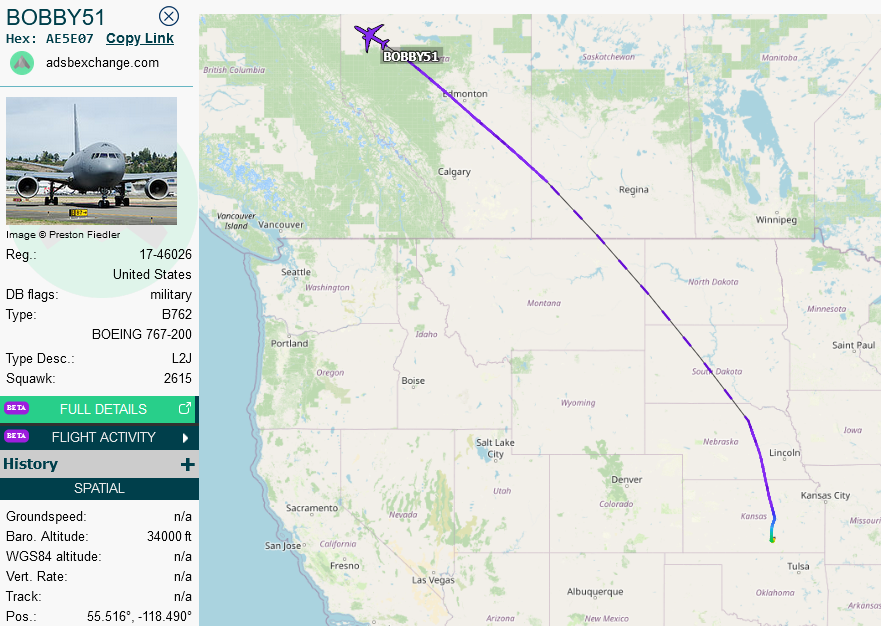 SirListenalot's tweet image. Till ~1525z #KC46 #AE5E07 was planned as #ROMA71. Eventually it departed McConnell for Elmendorf as #BOBBY51 on #CoronetNorth 716