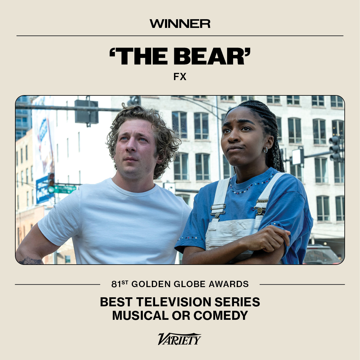 Variety's tweet photo. "The Bear" wins the #GoldenGlobe for Best Musical or Comedy TV Series. https://t.co/K18qOiK0Sj https://t.co/m6RUWQTlJz
