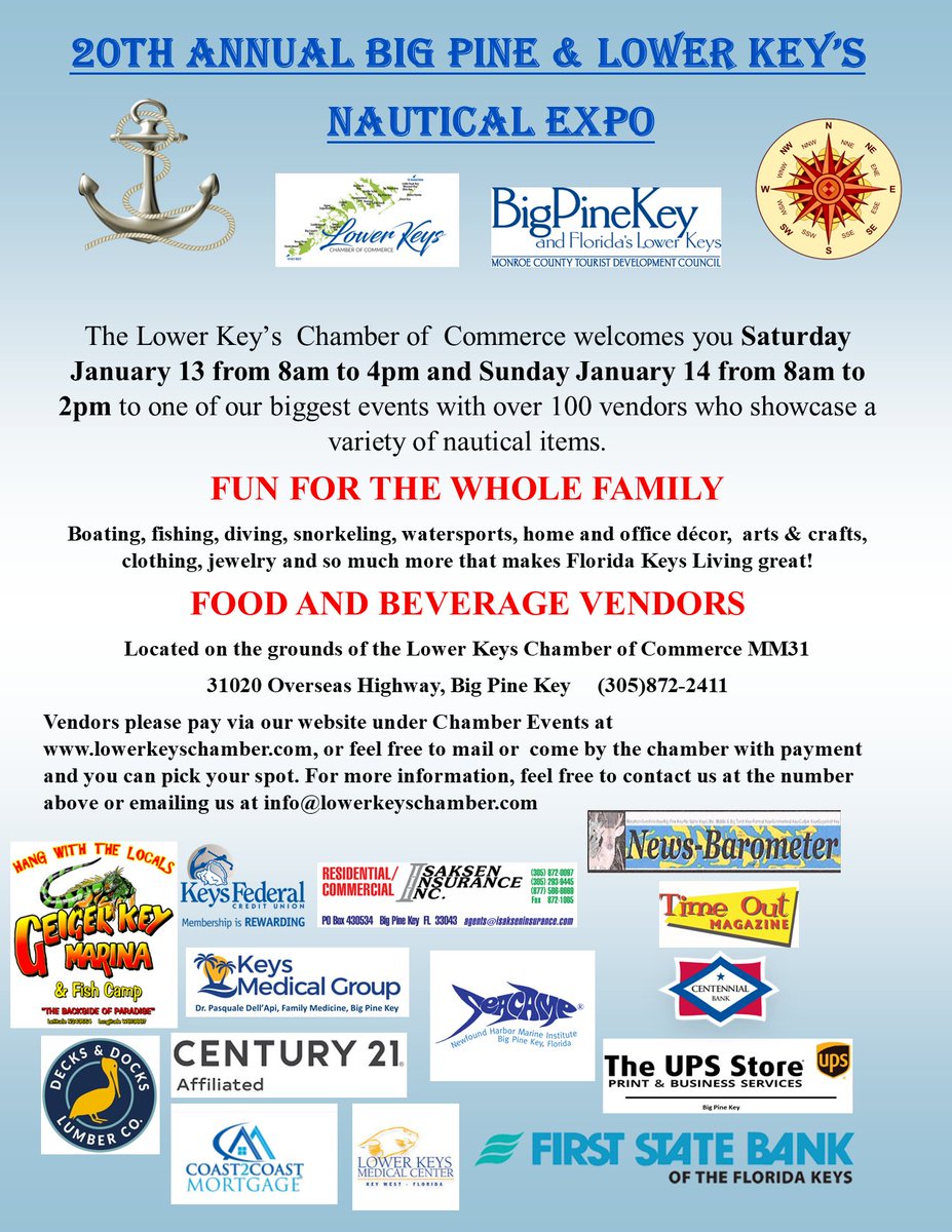 KeyWest's tweet photo. This upcoming weekend, the Lower Keys Chamber of Commerce invites you to the 20th Annual Big Pine & Lower Keys Nautical Expo!π€©Saturday, January 13th, and Sunday, January 14th, shop from over 100 nautical, food, and beverage vendors.π
#bigpinekey #lowerkeys https://t.co/9GN2ewnXPi