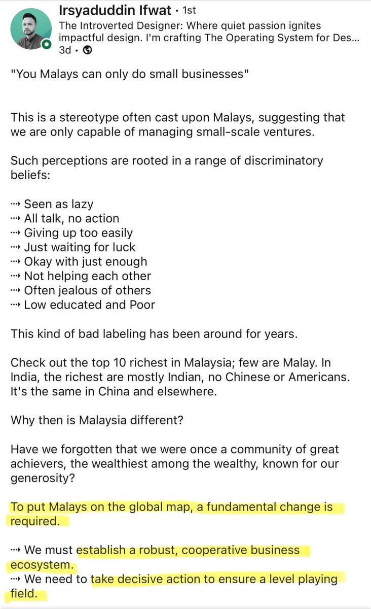 projekhitam's tweet photo. 'Melayu mundur'

Saya kalau jumpa dengan usahawan cina muda, saya akan tanya soalan teknikal seperti :

How u pay this shop? 
How you manage to get loan this big even though you baru umur 20? 
How you deal to get client this big walaupun business operation you baru 6 bulan. 

And jawapannya adalah : I got help from my parents/my parents friend/ my parent persatuan. 

Kelemahan orang melayu yang utama adalah kita tiada generational wealth. Bukan sahaja kita kurang harta, tetapi kita juga dimomokkan oleh harta yang banyak jadi punca pergaduhan.