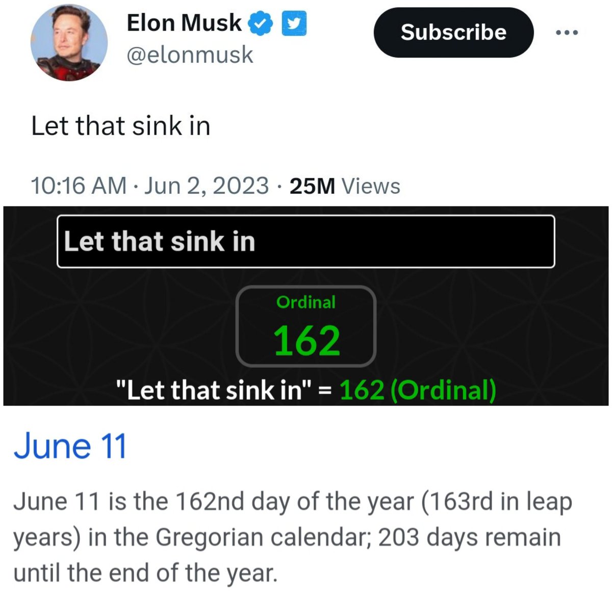 WeKnow_1234's tweet photo. 1/8/24
Elons Crusaders Pic
1y1m11d
Or 1y6w
Hangar 16 🆘️
With A Sink Elon Enters Twitter HQ
1y10w5d
Freemasons = 115
Election Day 11/5
303d
Elons 'Let that sink in' Post
7m6d
Guidestones Strike 7/6
1y6m2d
Let that sink in = 162
OP. Warp Speed
43m3w3d
Clock! 4:03:33 ⚡ https://t.co/QxcJ6g8zcG